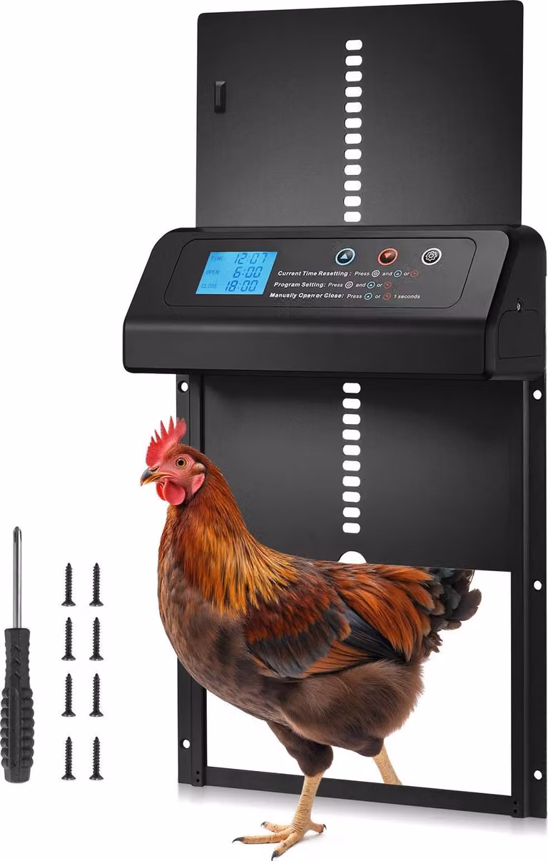 Porta automatica per polli - Porta per pollaio con timer - Regolazione manuale - Protezione antitrappola - Guarnizione impermeabile - Apriporta elettrico - 350 x 250 x 73 mm - Nero