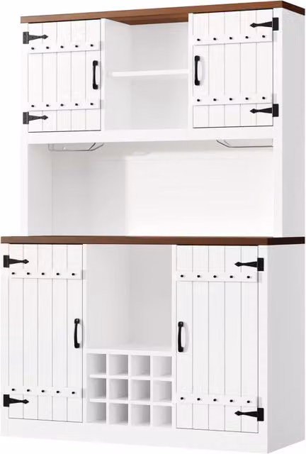 Colonna cucina stile portone da fienile con illuminazione RGB LED, ripiani regolabili e portabottiglie, bianco