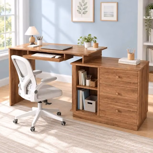 Scrivania estraibile ULEVR 110x40x75,5 cm con 3 cassetti, ripiani aperti e vassoio tastiera, finitura noce