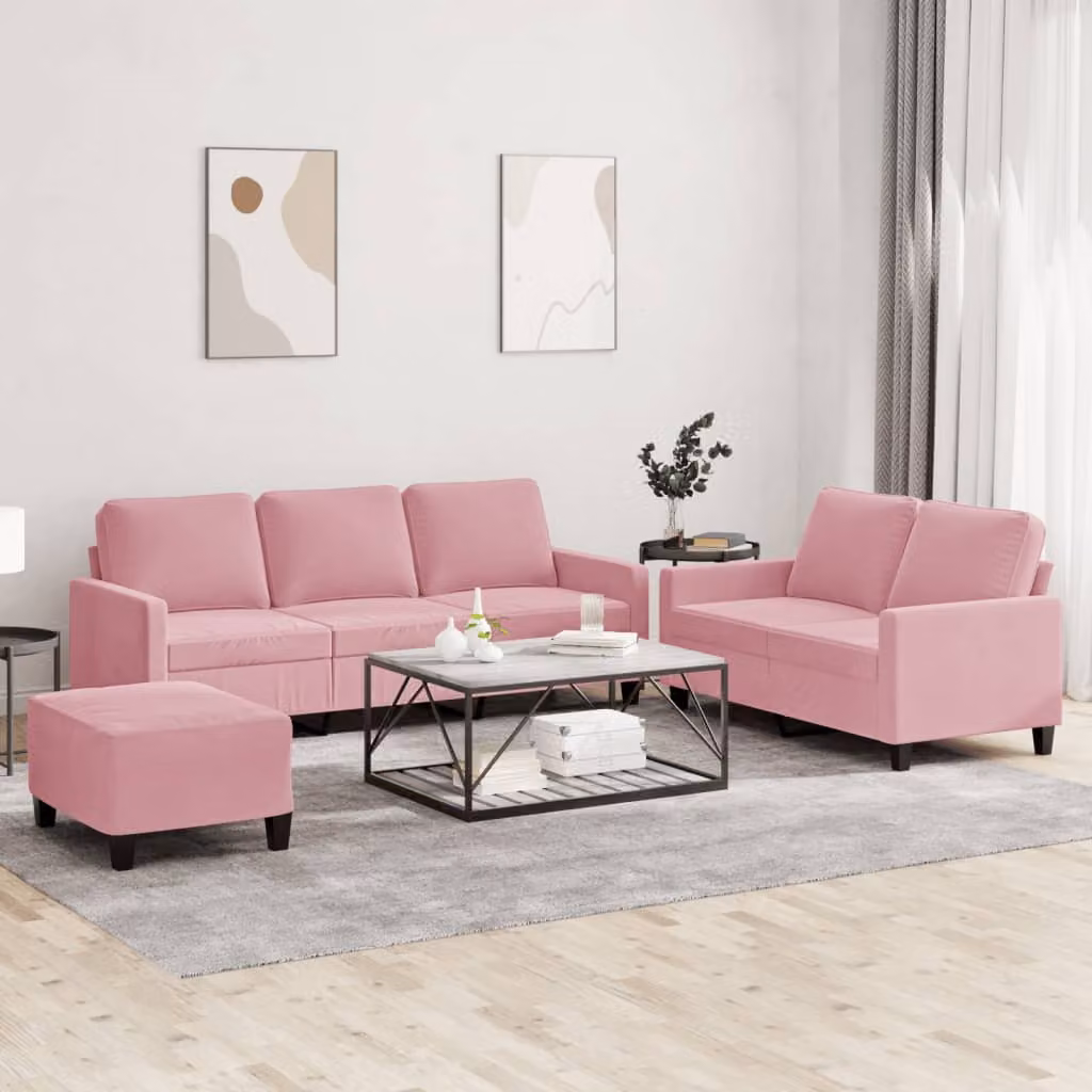 Set di divani 3 pezzi vidaXL in velluto rosa con pouf e cuscini per soggiorno
