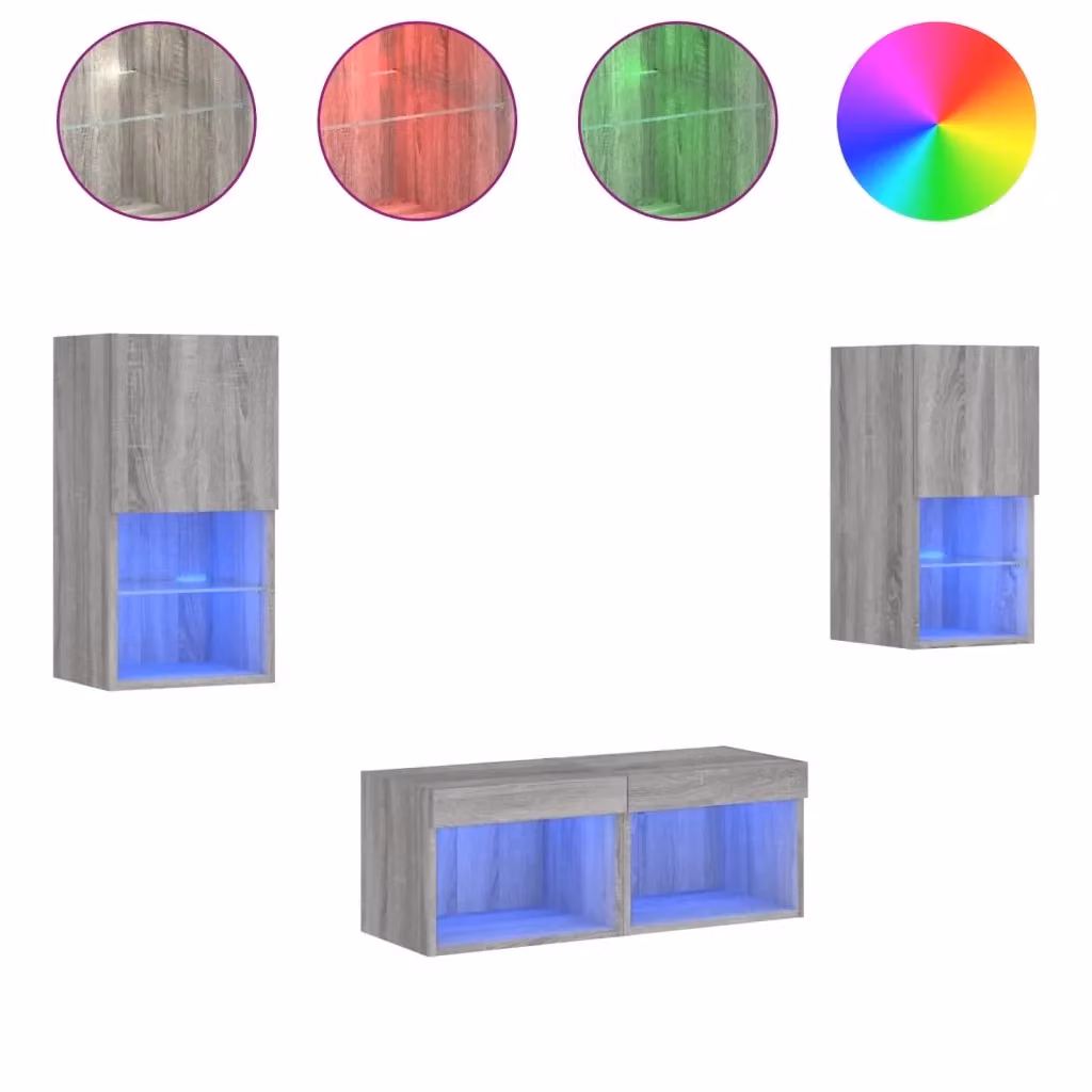 Set di 4 Mobili TV da Parete Moderni vidaXL con Luci LED Integrate in Grigio Opaco Effetto Legno – 2
