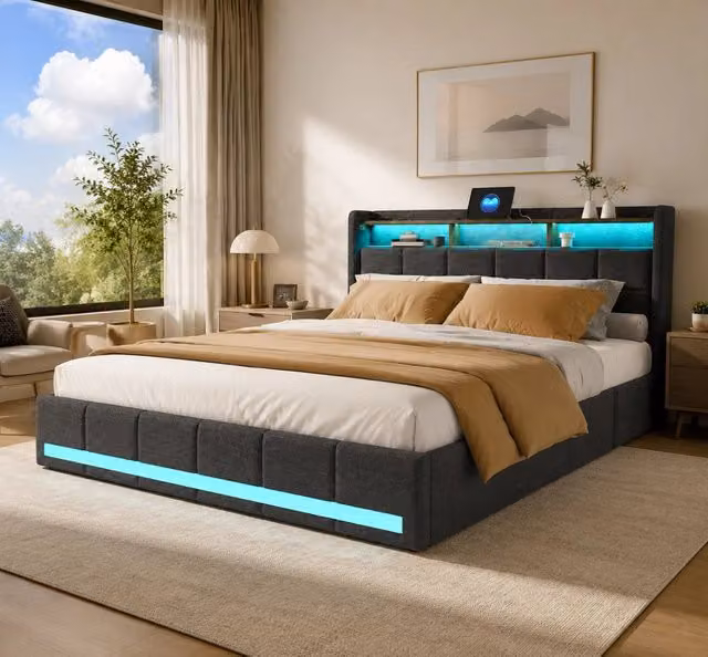 Letto matrimoniale imbottito 160x200 cm con 4 cassetti ; letto Contenitore con LED e USB; letto funzionale letto adulti ;Lino Grigio Scuro