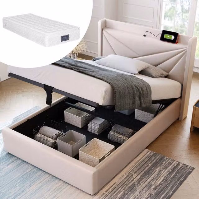 Letto imbottito singolo contenitore ¨C Minimal ¨C lino bianco 90x200cm con rete a doghe e materasso