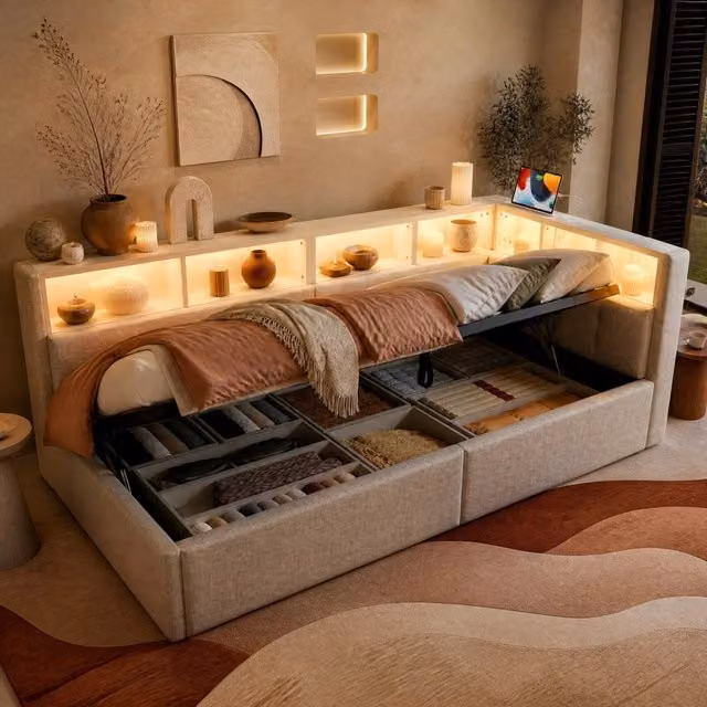 Letto singolo 90 x 200 cm con vano idraulico; LED RGB; USB e Type-C; lino; beige