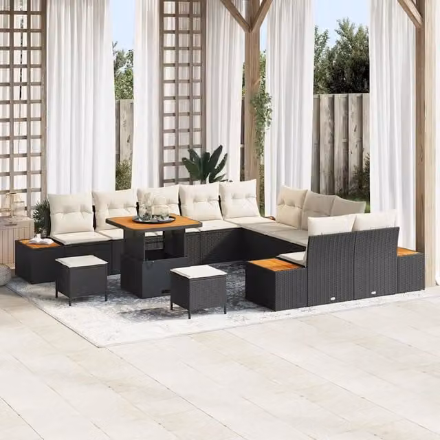 Set Divano da Giardino vidaXL a Forma di U con 13 Pezzi, Nero, con Cuscini e Tavolino da Caffè per Esterno – 1