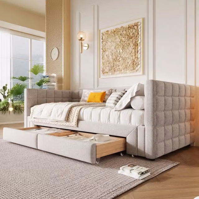 Desviae Divano letto 90 × 200 cm 1 posto con 2 cassetti, senza materasso, in velluto beige