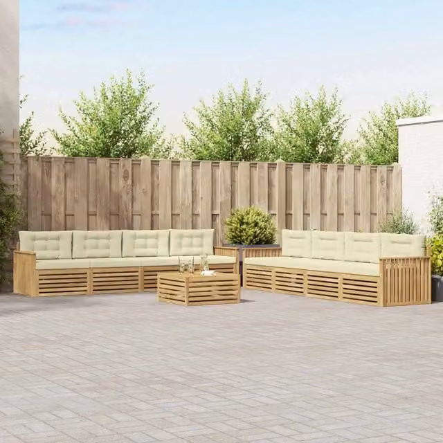 Set di divani da esterno a forma di U con tavolino da giardino vidaXL in legno di acacia e tessuto bianco e beige – 1