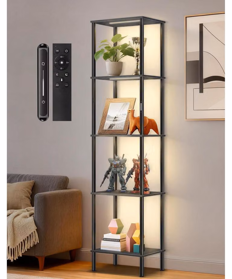 Lampada da terra con ripiano, LED, dimmerabile, 3 temperature di colore, controllo touch e telecomando, colore nero, dimensioni 32 x 27 x 169 cm