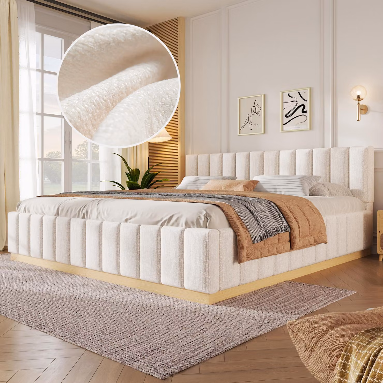 Letto imbottito Flieks, 180x200 cm, con testiera imbottita. Letto per ragazzi, modello classico con rete a listelli. Letto matrimoniale in legno, tessuto in chenille, colore beige
