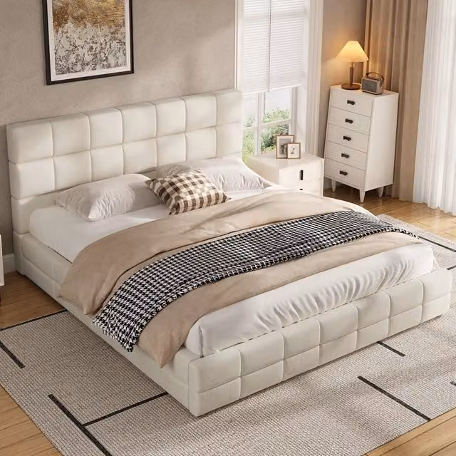 letto a piattaforma mdf compensato velluto beige 208 x 186 cm
