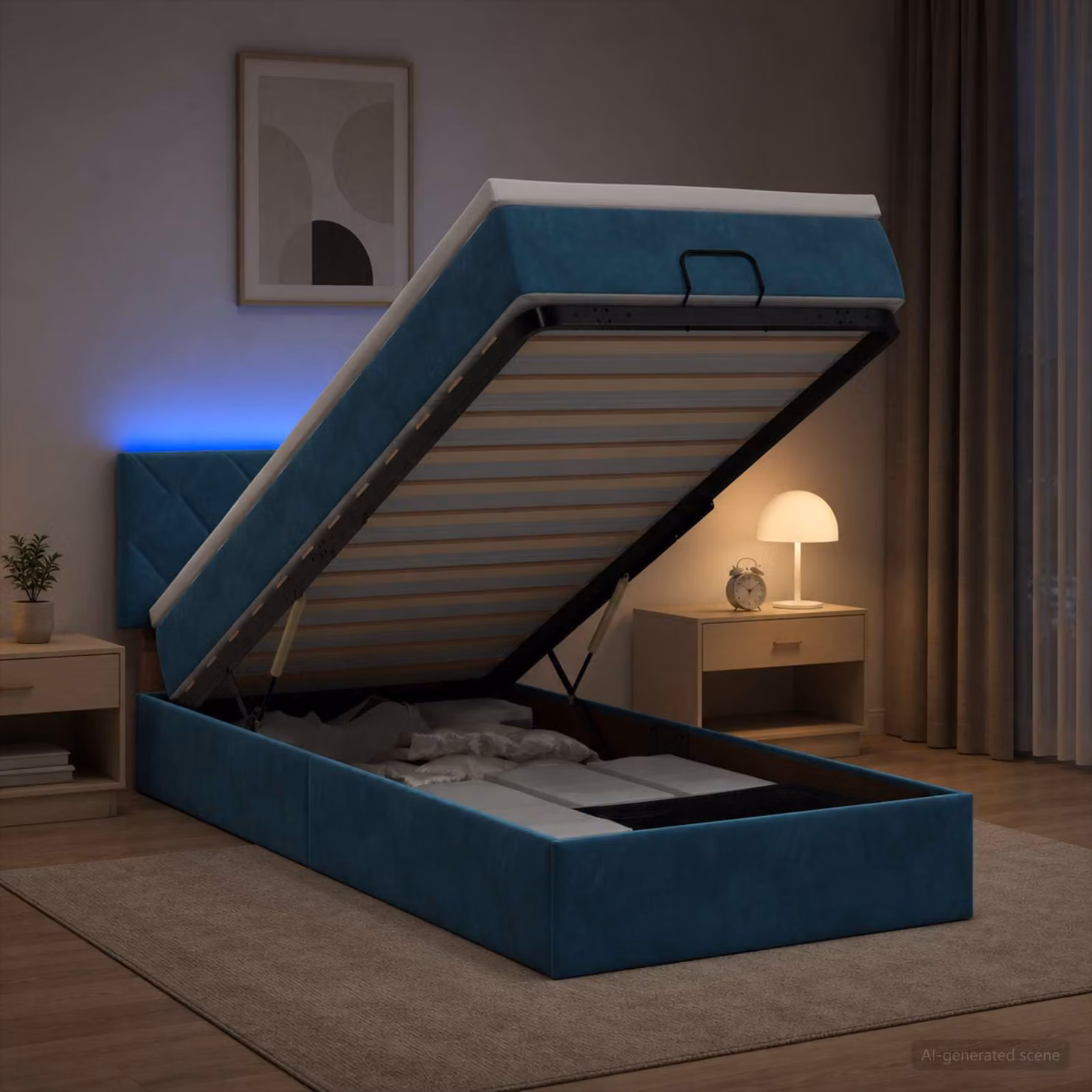 Letto Ottomano con Materasso vidaXL in Velluto Blu e Bianco con Illuminazione LED e Porte USB L/P/H: 200 x 80 x 88 cm