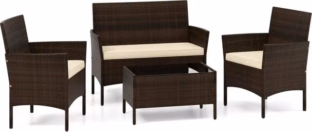 Set da conversazione in rattan per patio 4 pezzi con cuscini morbidi, Mobili da esterno modulari per giardino e veranda Marrone
