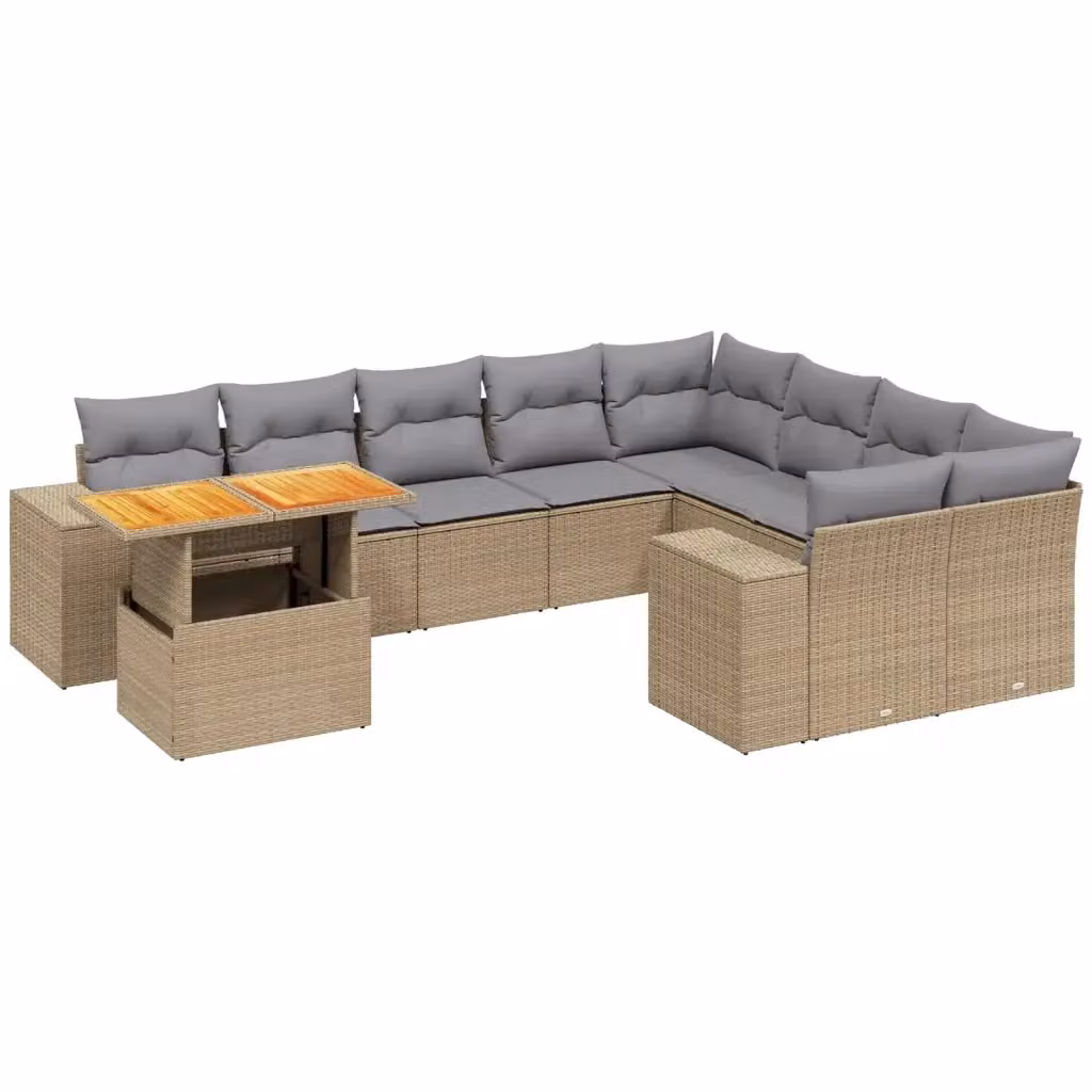 vidaXL Set Divano da Giardino 10 pz a Forma di L in Polyrattan con Cuscini Beige e Tavolino da Esterno – 2