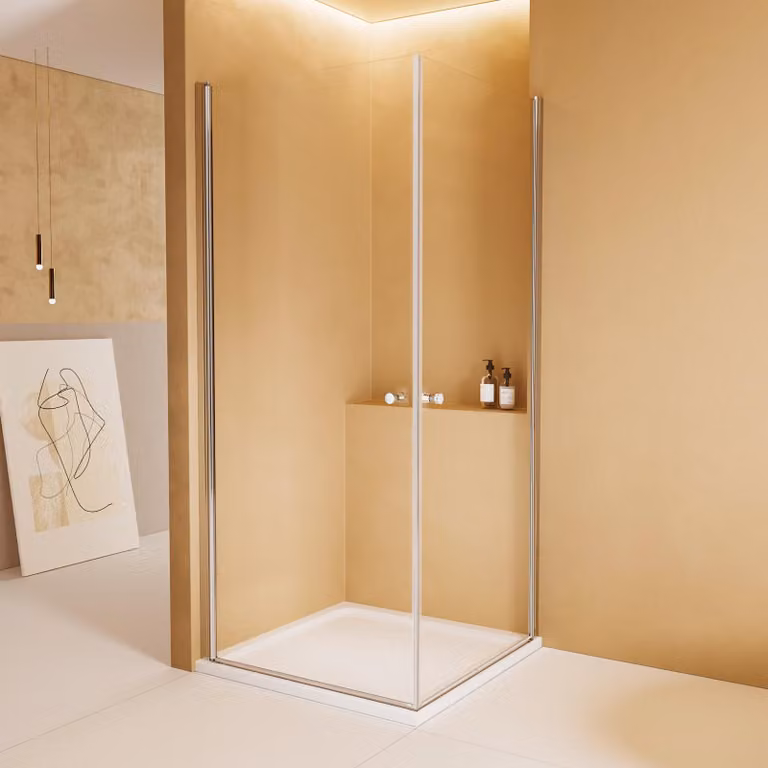 Cabina doccia EMKE 80x80 cm con ingresso angolare e 2 porte a battente, divisorio doccia con rivestimento nano, vetro di sicurezza ESG, funzione di sollevamento/abbassamento, altezza: 185 cm