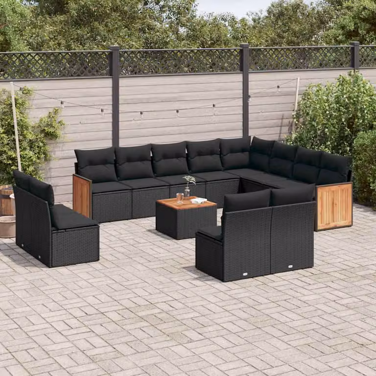 Set di divani da giardino vidaXL in polyrattan nero con cuscini e tavolino da esterno a forma di U