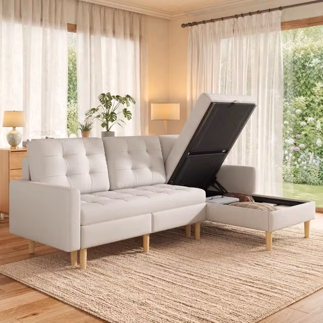 Divano angolare con chaise longue reversibile e doppio spazio contenitore per soggiorno moderno in tessuto beige