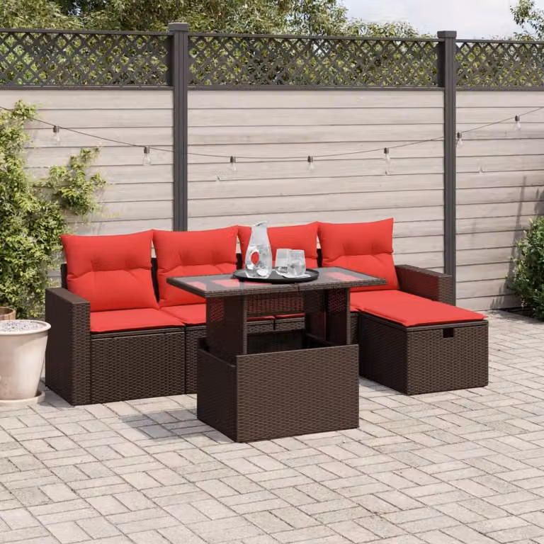 Set di divani da giardino vidaXL in polyrattan marrone con cuscini per 6 persone