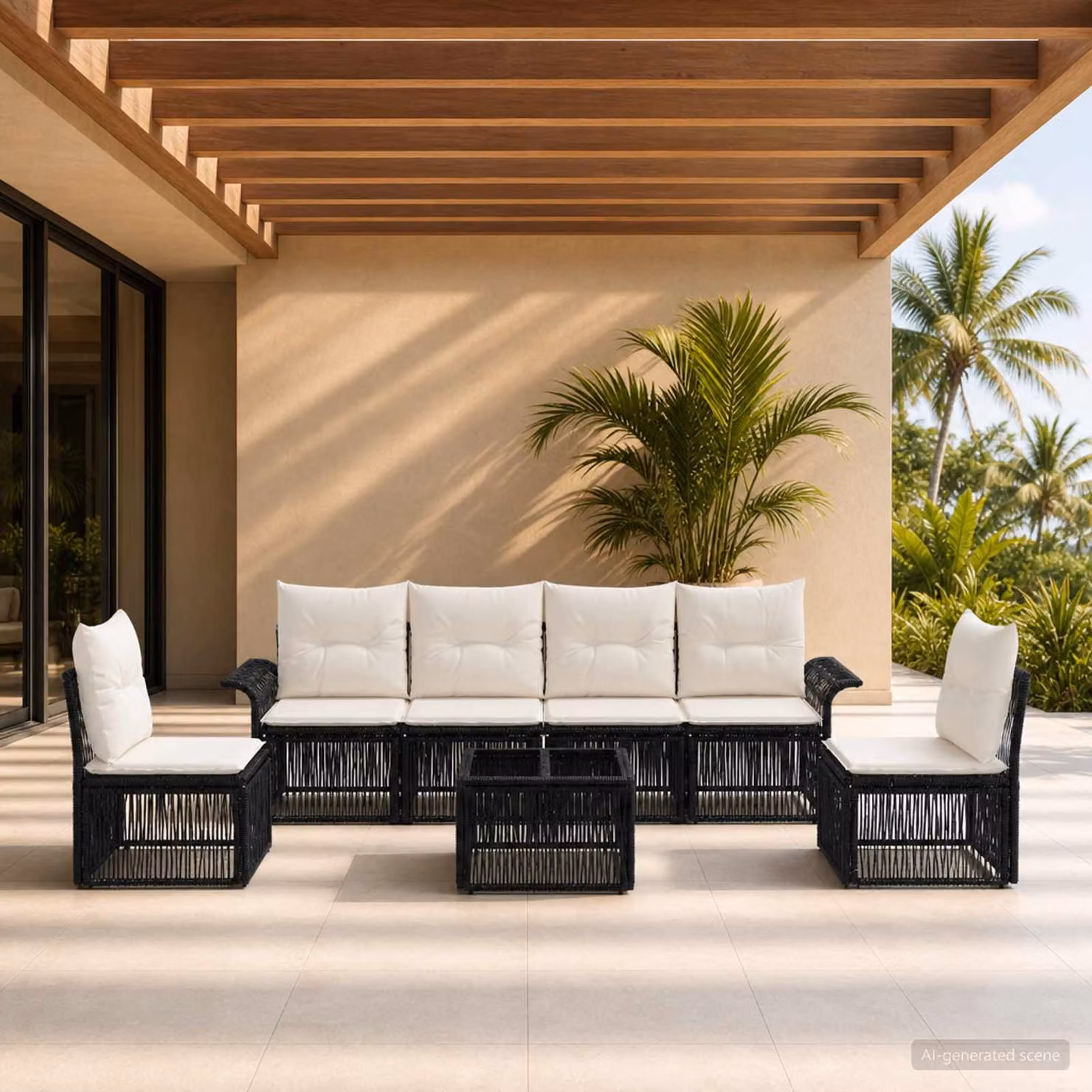 Set Divano da Giardino vidaXL 7 Pezzi in Polyrattan Nero con Cuscini e Tavolino