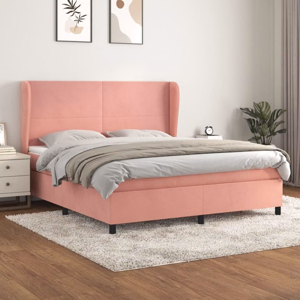 The Living Store Letto a molle con materasso rosa 160x200 cm in velluto