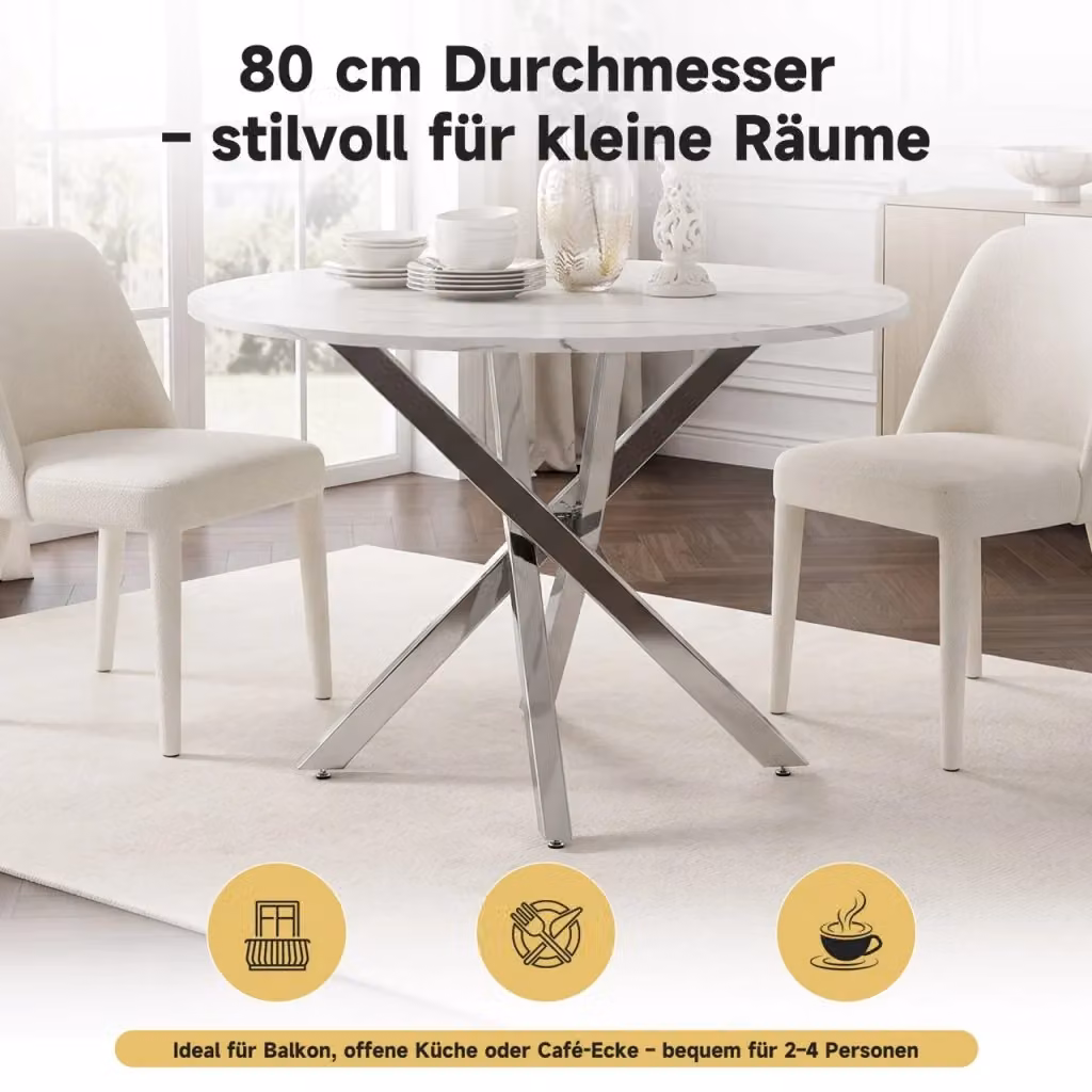 Tavolo da pranzo rotondo REDOM con effetto marmo bianco e argento, Diametro: 80 cm – 2