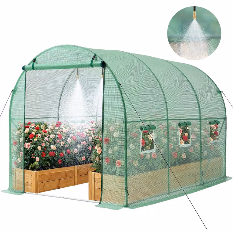 Serra - Tunnel in plastica - 2,93 x 1,97 x 1,94 m - Con sistema di irrigazione - Telaio in acciaio - Rivestimento in PE resistente ai raggi UV - Porta avvolgibile con cerniera - 6 finestre