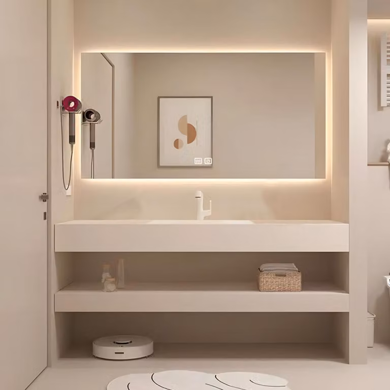 Lavabo con specchio a LED Lavabo in pietra sinterizzata con ripiano Beige 110*55 cm 【CB303-110】