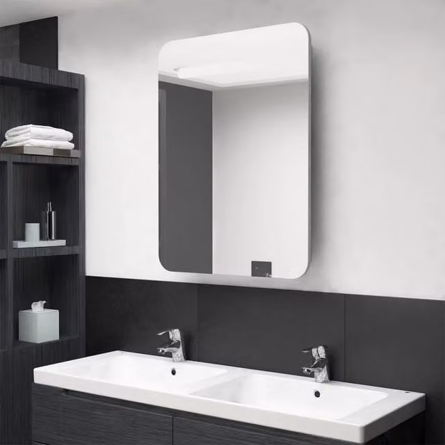 Armadietto da bagno moderno vidaXL con specchio e illuminazione LED, pareti in MDF e vetro, L: 60 cm, P: 11 cm, H: 80 cm, Grigio e Bianco – 1