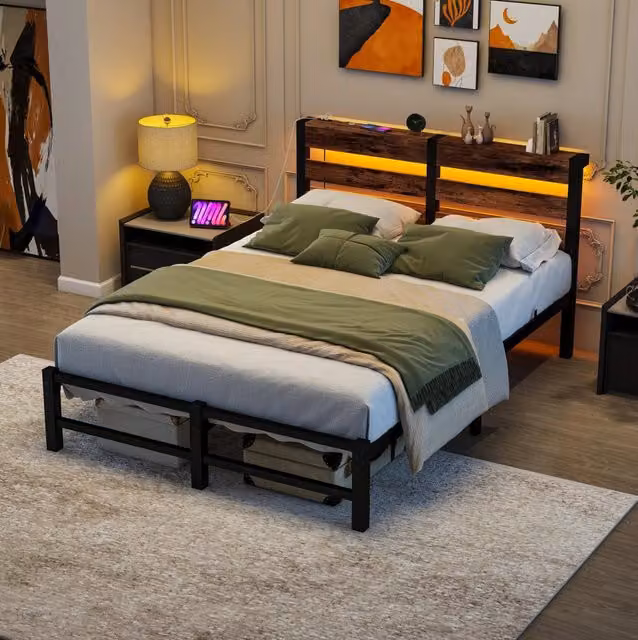 Letto matrimoniale 120x200 cm in metallo e legno con LED RGB e 2 porte USB