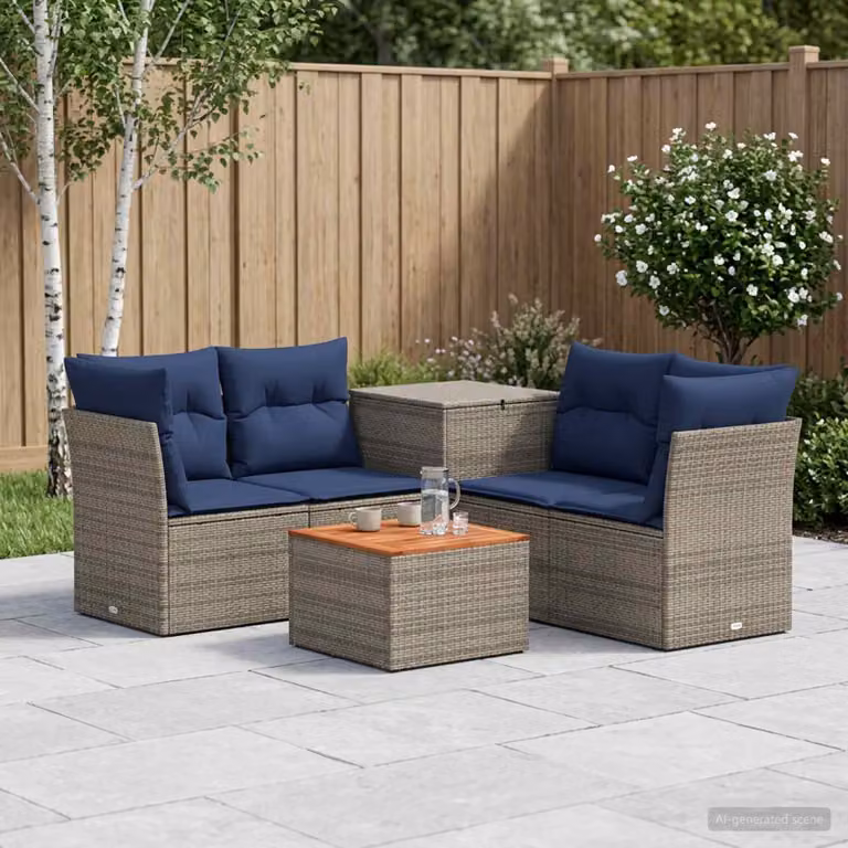 Set di divani da giardino vidaXL in rattan sintetico e acciaio, 6 pezzi, colore grigio e blu navy, con elementi angolari, divani a 2 posti, tavolino da caffè e cuscini inclusi