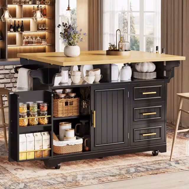 Isola da cucina - Carrello da pranzo con ruote - Credenza - Piano d'appoggio estensibile - 3 cassetti - Maniglie in metallo - Nero e color legno naturale