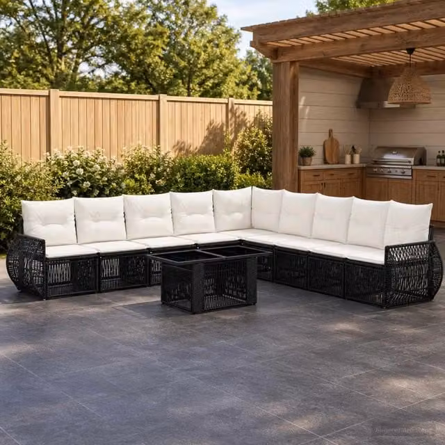 Set Divano da Giardino a L con Tavolino vidaXL, 10 Pezzi, Polyrattan Nero e Bianco Crema con Cuscini Inclusi – 1