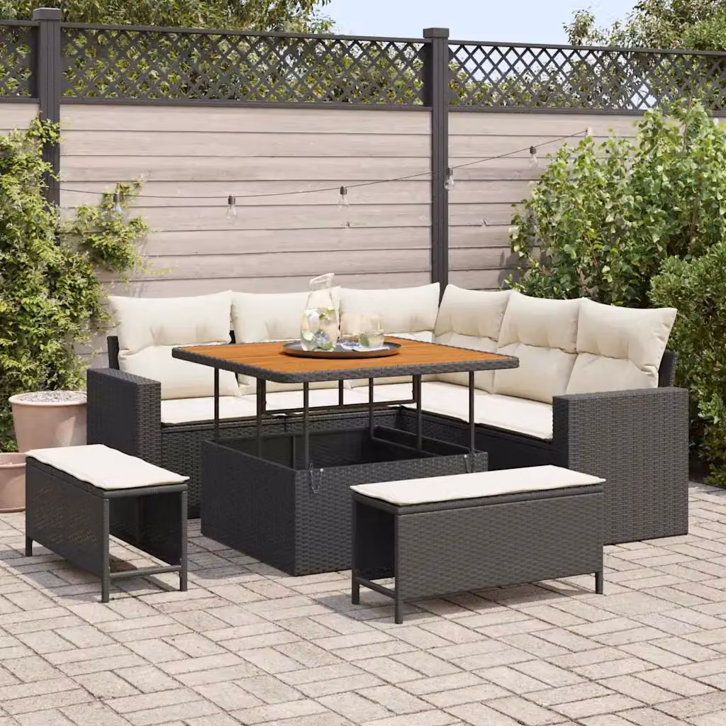 Set Divano da Giardino vidaXL 8 Pezzi a Forma di L con Tavolino, Pouf e Cuscini, Colore Nero e Beige, Struttura in Acciaio Verniciato a Polvere e Polyrattan Resistente ai Raggi UV – 1