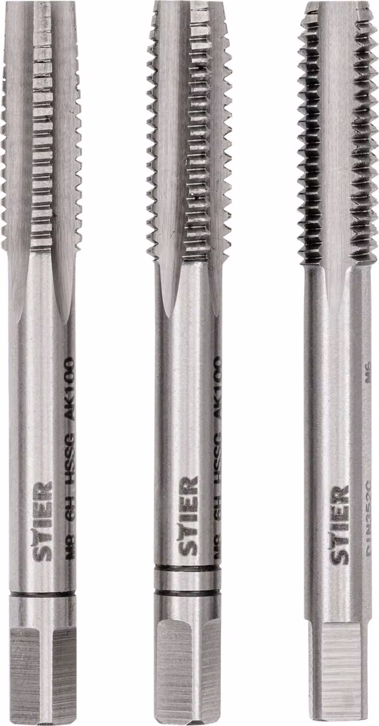 Set di 3 rubinetti a mano STIER, rubinetto di premeditazione e di finitura, DIN 352 HSS-G M8, per la produzione di filettature interne DIN13, standardizzato, rettificato, alta qualità