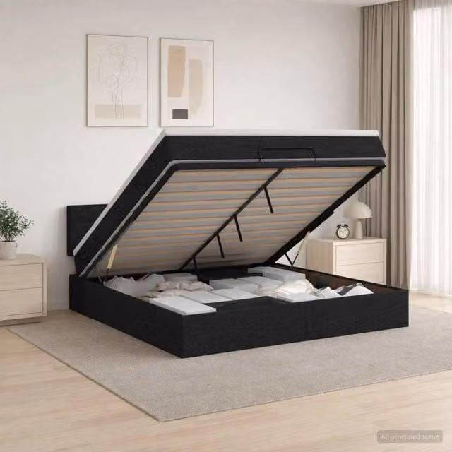 Letto ottomano moderno vidaXL con materasso ibrido in tessuto nero L 160 x P 200 cm