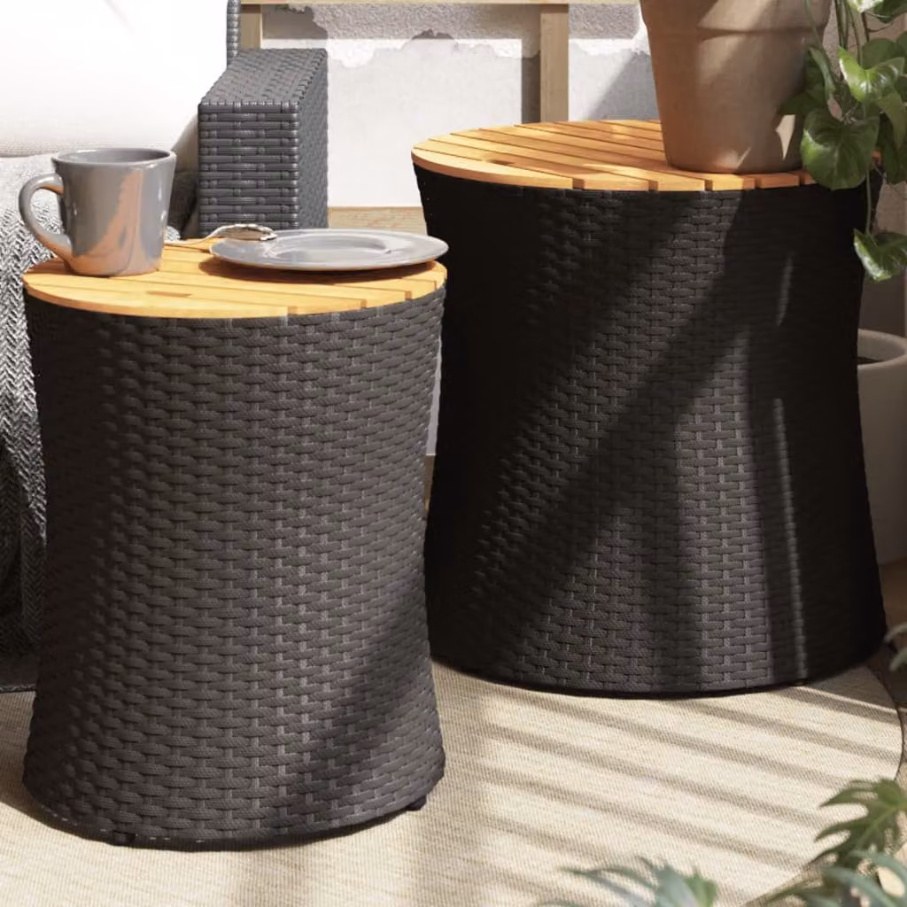 Set di 2 tavolini da giardino vidaXL in polyrattan nero con piano in legno di acacia oliato