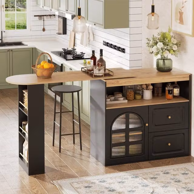 Isola cucina con piano pieghevole; 151;5 x 60 x 91;7 cm; MDF e metallo; nero e effetto legno