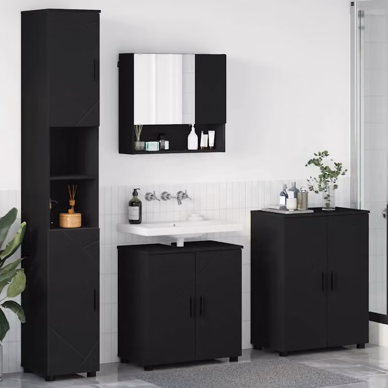 Set di mobili per il bagno moderno vidaXL in 4 pezzi nero opaco con mobile lavabo, armadietto con specchio, colonna alta e mobile laterale L/P/H: 61 x 35 x 64 cm