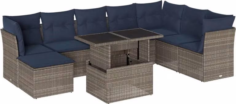 Set Divani da Giardino 9 pz con Cuscini Grigio in Polyrattan