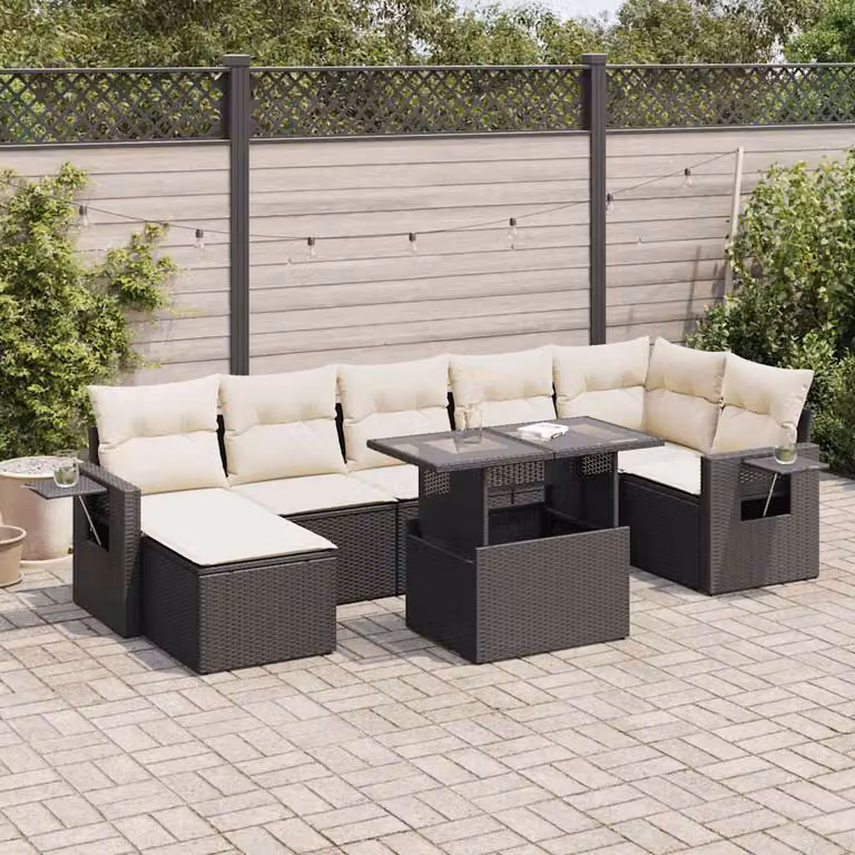 Set Divano da Giardino a L vidaXL in Polyrattan Nero con 8 Cuscini e Tavolino da Esterno