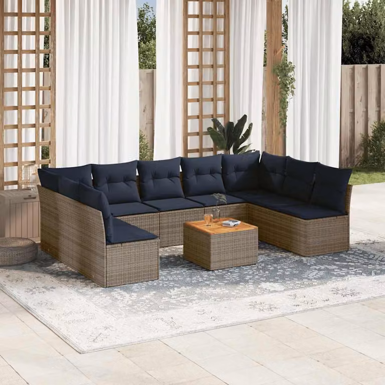 vidaXL Set Divani da Giardino 10 pz in Polyrattan con Cuscini e Tavolino da Caffè, Design Moderno a L, Grigio e Blu