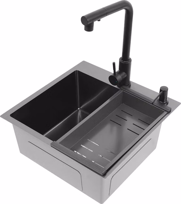 Lavello da cucina in acciaio inox - Vasca singola - 45×45×18 cm - Rettangolare - Con rubinetteria estraibile - Cestello di scarico - Nero