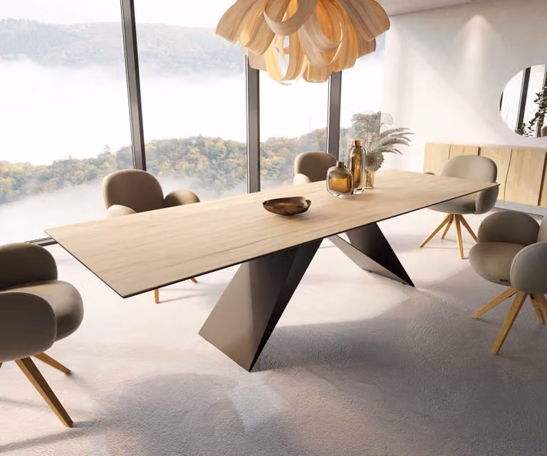 Tavolo da pranzo DELIFE Edge 300x100 in Vetroceramica Laminam® Sabbia color rovere Telaio a V in acciaio piatto nero