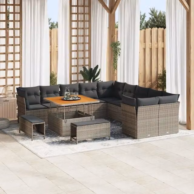 Set Divano da Giardino vidaXL a Forma a U in Polyrattan Grigio con Cuscini e Tavolino da Esterno 13 Pezzi