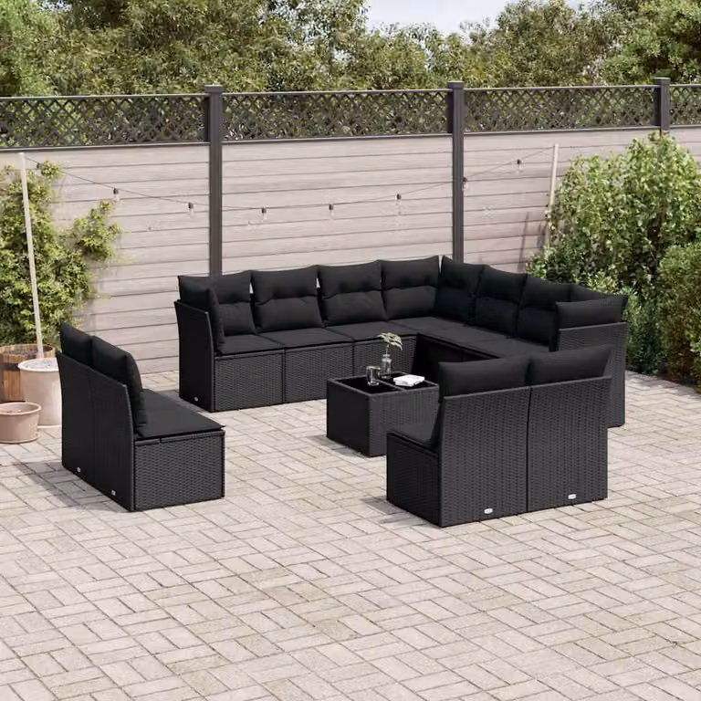 Set di divani da giardino vidaXL in polyrattan nero con cuscini e tavolino da esterno
