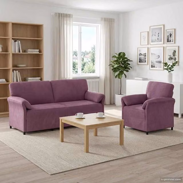 Set di 2 divani moderni vidaXL in velluto viola e nero con struttura in metallo e cuscini inclusi