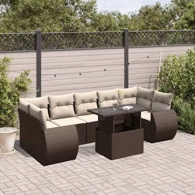 Set Divani da Giardino 8 pz con Cuscini Marrone in Polyrattan 3268413