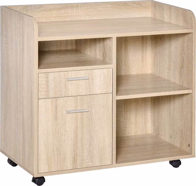 Mobiletto Multiuso Aosom con 4 Ruote per Ufficio e Stampante, Rovere, L: 80 cm, P: 40 cm, H: 72 cm – 1