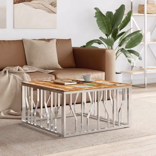 Tavolino da salotto moderno vidaXL in metallo argento e legno multicolore L/P/H: 80 x 80 x 40 cm