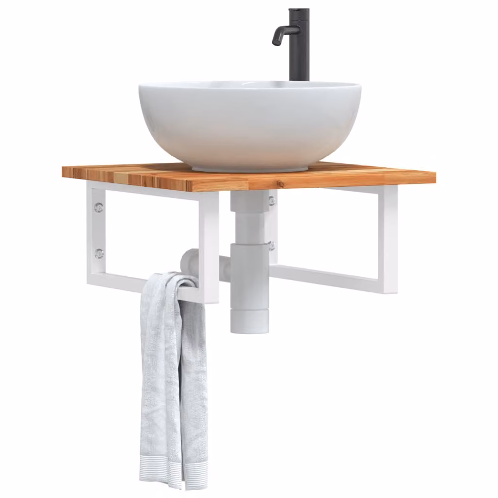 vidaXL Ripiano a Parete per Lavabo in Legno di Acacia Oliato e Metallo, Moderno, Bianco e Marrone