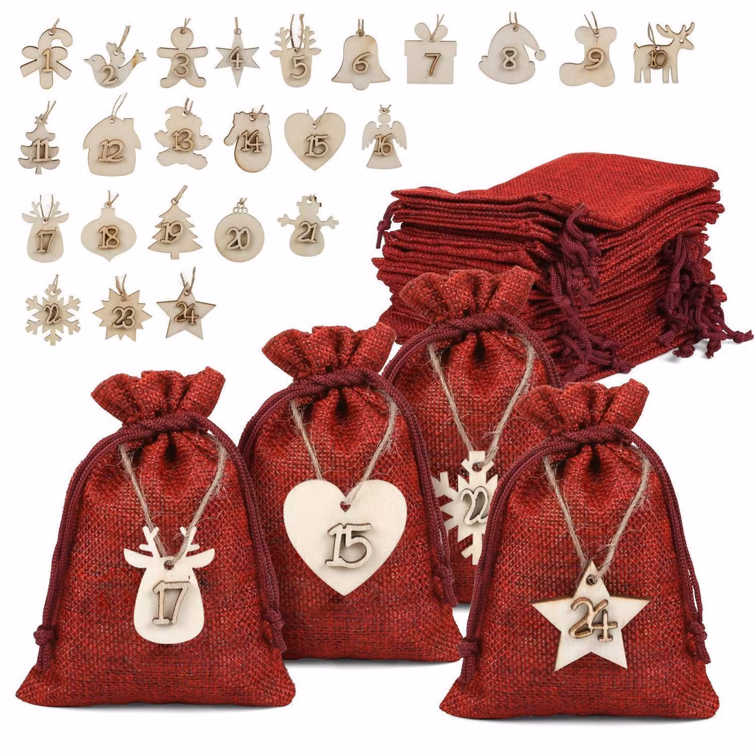 Calendario dell'Avvento con 24 sacchetti di juta, decorati con ciondoli in legno, dimensioni 10 x 14 cm, colore rosso